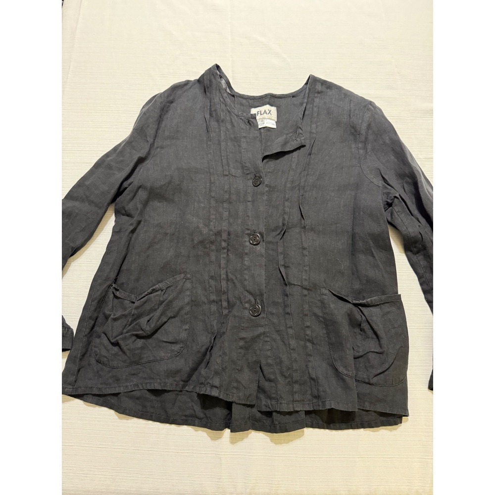 FLAX Black 100% Linen Button Up Jacket Shirt Pocket Inverted Pleat Medium